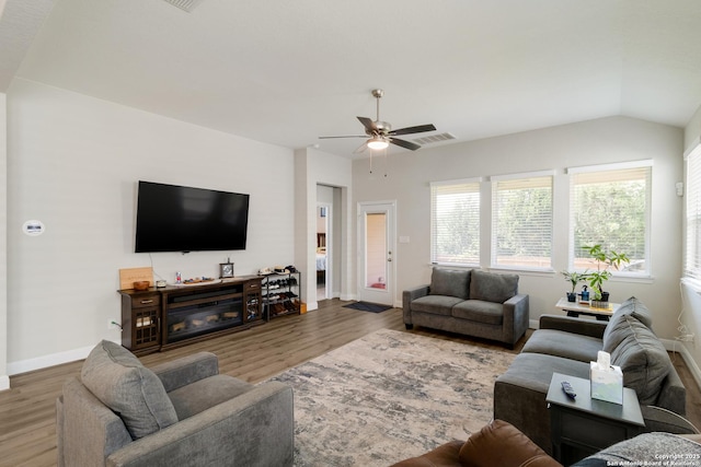 12614 Big Vly, San Antonio, TX 78254 - living room featuring wood finished floors, a ceiling fan, and baseboards