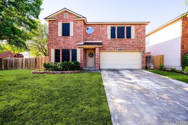 9014 Camino Rey, San Antonio, TX 78245 - view of front of home with an attached garage, concrete driveway, and brick siding