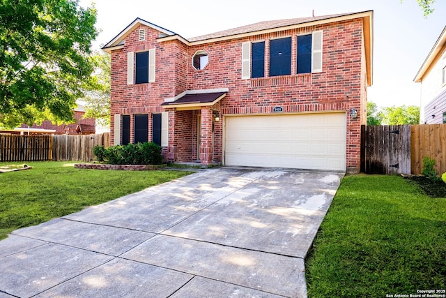 9014 Camino Rey, San Antonio, TX 78245 - traditional-style home with a garage, brick siding, and concrete driveway