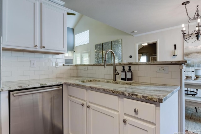 6039 Woodway Ct, San Antonio, TX 78249 - kitchen with dishwasher, a sink, tasteful backsplash, white cabinets, and a chandelier