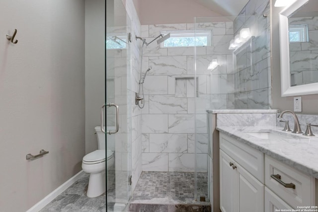 6039 Woodway Ct, San Antonio, TX 78249 - full bath with marble look tiles, vanity, a stall shower, toilet, and baseboards