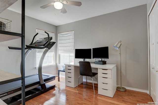 6039 Woodway Ct, San Antonio, TX 78249 - home office with light wood finished floors, ceiling fan, and baseboards
