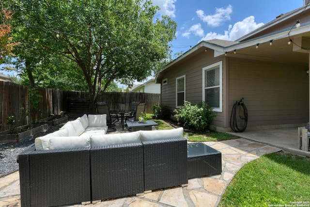 6039 Woodway Ct, San Antonio, TX 78249 - fenced backyard with outdoor lounge area, a patio, and outdoor dining space
