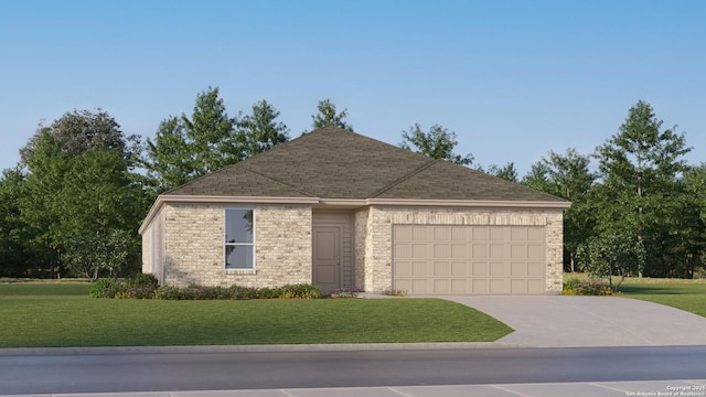 5523 Wilder St, New Braunfels, TX 78132 - ranch-style house with a garage, concrete driveway, a front yard, roof with shingles, and brick siding