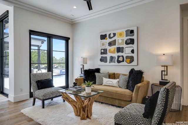 121 Greystone Pt, Boerne, TX 78006 - living room featuring light wood-style floors, ornamental molding, baseboards, and recessed lighting