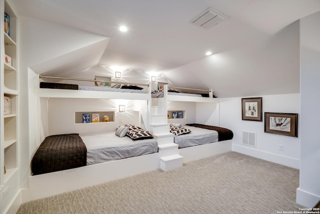 121 Greystone Pt, Boerne, TX 78006 - bedroom with vaulted ceiling, carpet floors, and recessed lighting