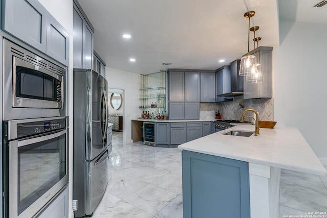 18210 Crystal Ridge Dr, San Antonio, TX 78259 - kitchen featuring appliances with stainless steel finishes, wine cooler, light marble finish floors, a peninsula, and wall chimney exhaust hood