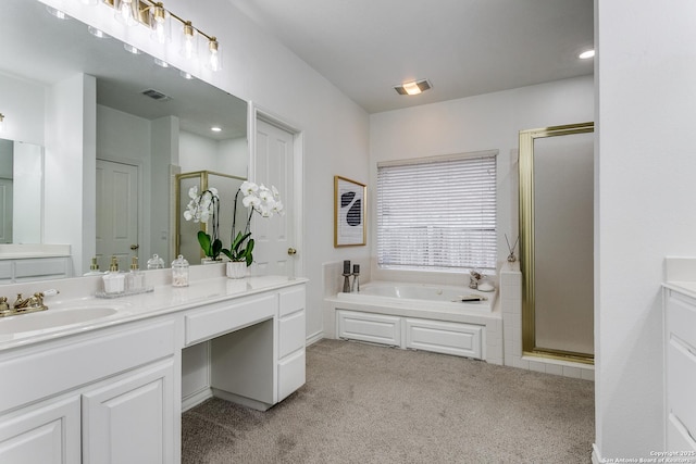 18210 Crystal Ridge Dr, San Antonio, TX 78259 - bathroom with a stall shower, vanity, a garden tub, and carpet floors