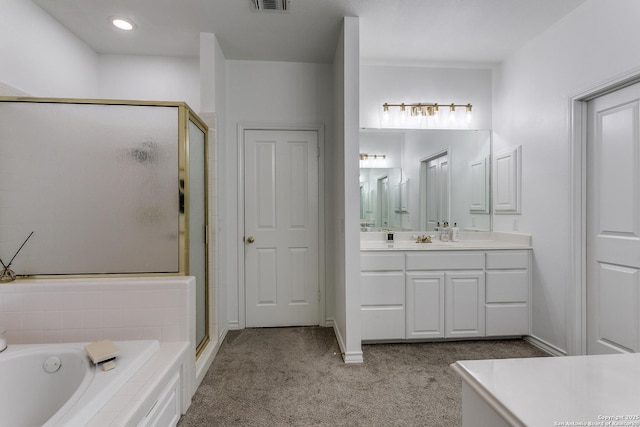 18210 Crystal Ridge Dr, San Antonio, TX 78259 - full bathroom featuring a stall shower, vanity, a bath, and baseboards