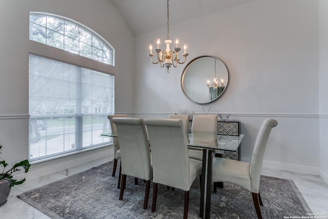 18210 Crystal Ridge Dr, San Antonio, TX 78259 - dining space featuring a chandelier, marble finish floors, and lofted ceiling