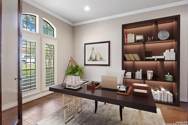 27711 Woodway Bnd, Boerne, TX 78006 - office area featuring ornamental molding, wood finished floors, and recessed lighting