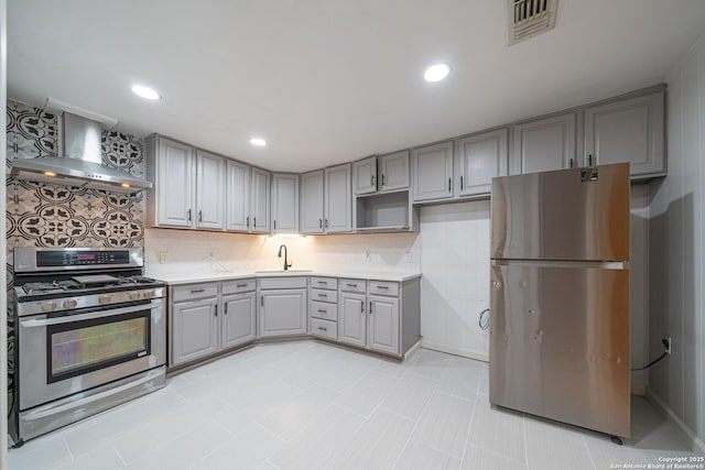 2310 W Houston St, San Antonio, TX 78207 - kitchen featuring appliances with stainless steel finishes, gray cabinets, wall chimney exhaust hood, a sink, and backsplash
