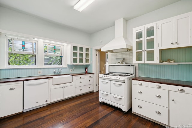 124 Corona, Alamo Heights, TX 78209 - kitchen with white appliances, premium range hood, a sink, tasteful backsplash, and dark wood finished floors