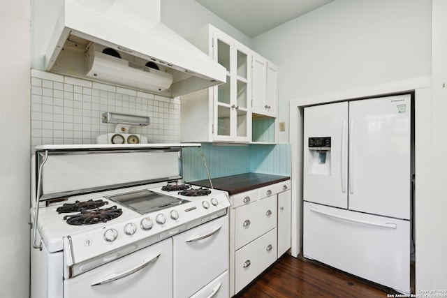 124 Corona, Alamo Heights, TX 78209 - kitchen with white appliances, ventilation hood, white cabinets, and glass insert cabinets