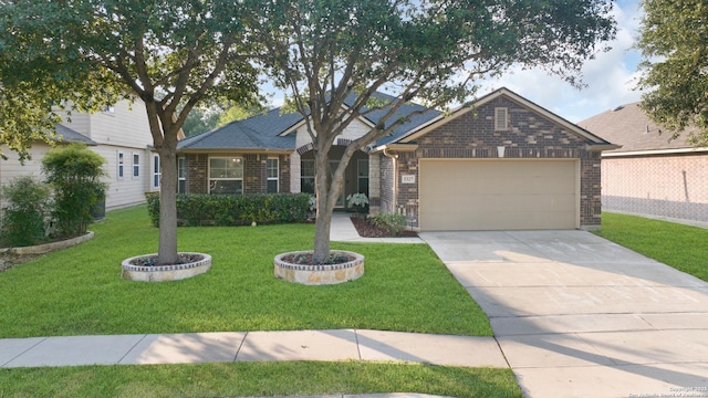5327 Gemsbuck Chase, San Antonio, TX 78251 - ranch-style house featuring brick siding, an attached garage, a front lawn, and driveway