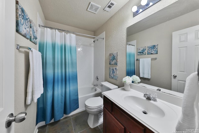 5327 Gemsbuck Chase, San Antonio, TX 78251 - bathroom with vanity, toilet, shower / bathtub combination with curtain, a textured ceiling, and tile patterned floors