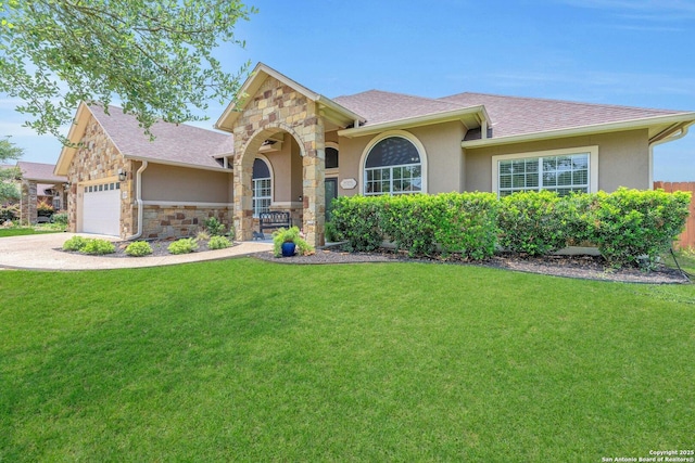 1216 Windy Dawn, Seguin, TX 78155 - view of front of home with stone siding, stucco siding, a front lawn, and a garage