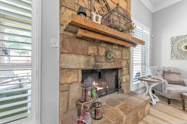 1216 Windy Dawn, Seguin, TX 78155 - detailed view of ornamental molding, a fireplace, and wood finished floors