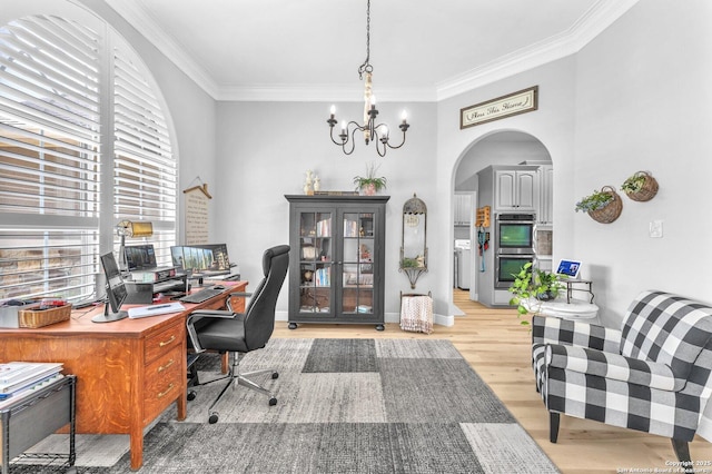 1216 Windy Dawn, Seguin, TX 78155 - office space with ornamental molding, wood finished floors, a chandelier, and arched walkways