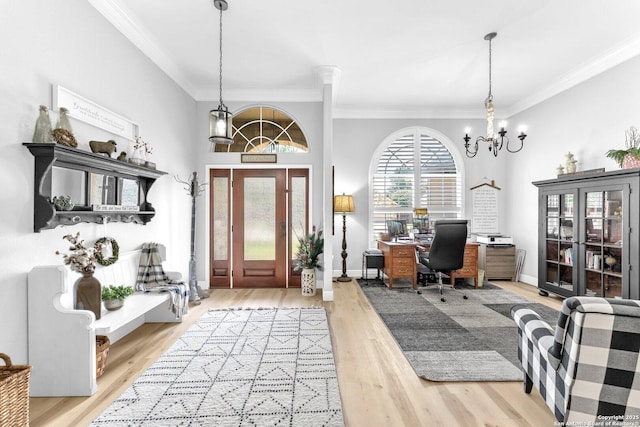 1216 Windy Dawn, Seguin, TX 78155 - office featuring a chandelier, ornamental molding, wood finished floors, and baseboards