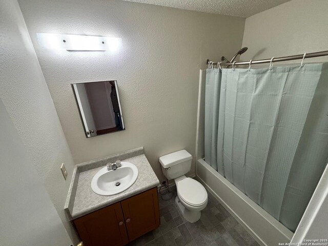 7835 Ruby Mdw, San Antonio, TX 78251 - full bath featuring vanity, shower / bathtub combination with curtain, toilet, and a textured ceiling