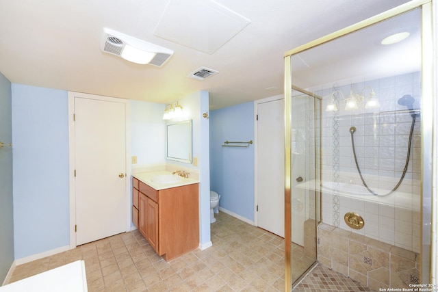 5803 Hollyhock, San Antonio, TX 78240 - bathroom featuring vanity, a stall shower, toilet, and baseboards