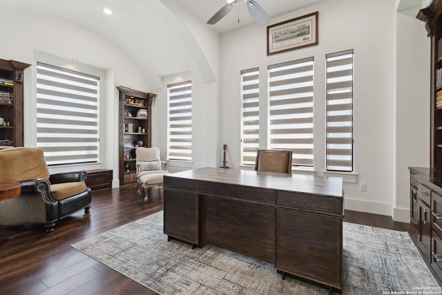 23510 Avila, San Antonio, TX 78255 - office area with a ceiling fan, dark wood-type flooring, arched walkways, baseboards, and vaulted ceiling