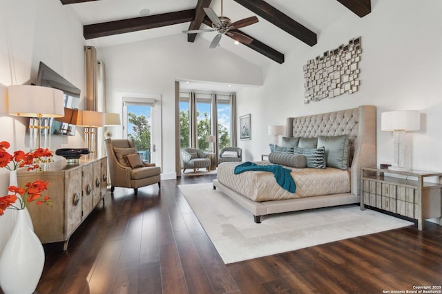 23510 Avila, San Antonio, TX 78255 - bedroom with beam ceiling, dark wood-style floors, high vaulted ceiling, and access to outside