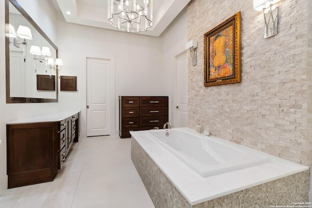 23510 Avila, San Antonio, TX 78255 - full bathroom with vanity, a garden tub, and a chandelier