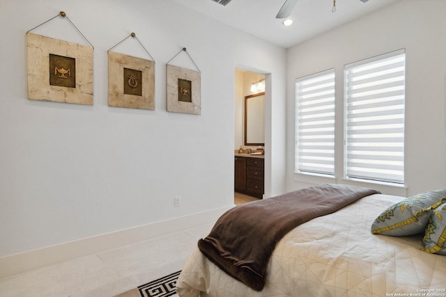 23510 Avila, San Antonio, TX 78255 - bedroom with light carpet, connected bathroom, and a ceiling fan