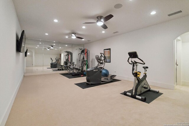 23510 Avila, San Antonio, TX 78255 - exercise room with recessed lighting, arched walkways, carpet flooring, a ceiling fan, and baseboards