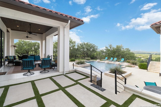 23510 Avila, San Antonio, TX 78255 - view of swimming pool featuring an outdoor hangout area, a ceiling fan, a patio area, and a pool with connected hot tub