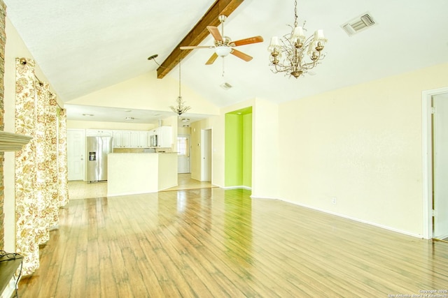 15018 Miss Ellie Dr, San Antonio, TX 78247 - unfurnished living room featuring a chandelier, beamed ceiling, light wood-type flooring, a ceiling fan, and baseboards