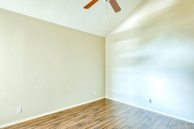 15018 Miss Ellie Dr, San Antonio, TX 78247 - spare room featuring a ceiling fan, lofted ceiling, wood finished floors, and baseboards