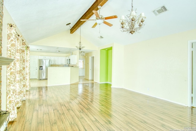 15018 Miss Ellie Dr, San Antonio, TX 78247 - unfurnished living room with a chandelier, light wood-style floors, beamed ceiling, ceiling fan, and baseboards