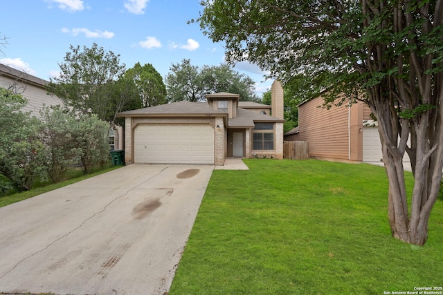 9387 Village Lance, San Antonio, TX 78250 - view of front of home featuring brick siding, a garage, concrete driveway, and a shingled roof