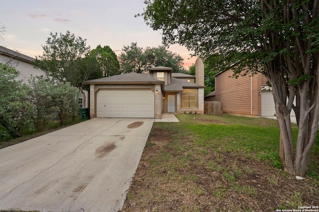 9387 Village Lance, San Antonio, TX 78250 - view of front facade with brick siding, a garage, concrete driveway, and a shingled roof