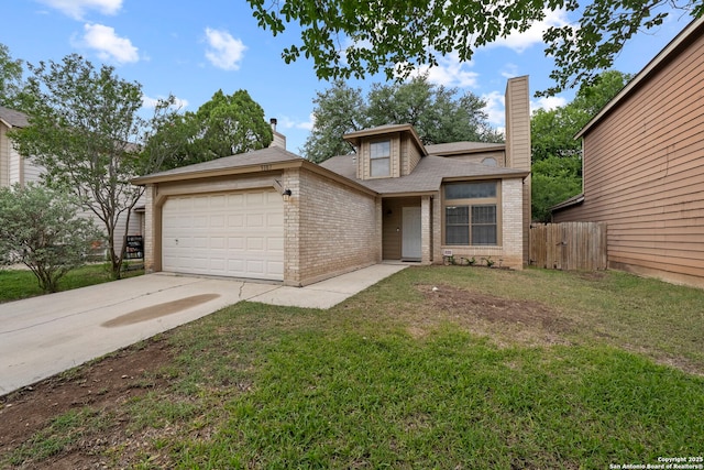 9387 Village Lance, San Antonio, TX 78250 - view of front of house featuring brick siding, a garage, a chimney, concrete driveway, and a shingled roof
