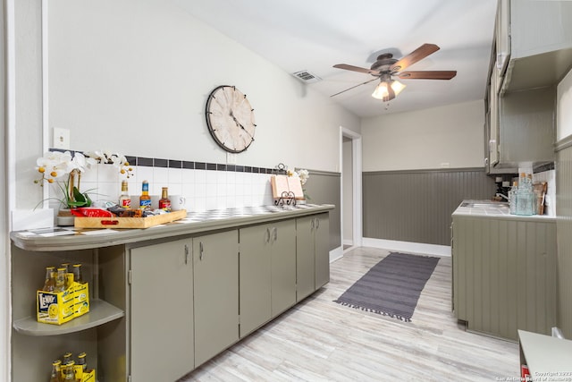 305 Kendalia, San Antonio, TX 78214 - kitchen featuring a wainscoted wall, ceiling fan, light wood-style flooring, gray cabinets, and open shelves