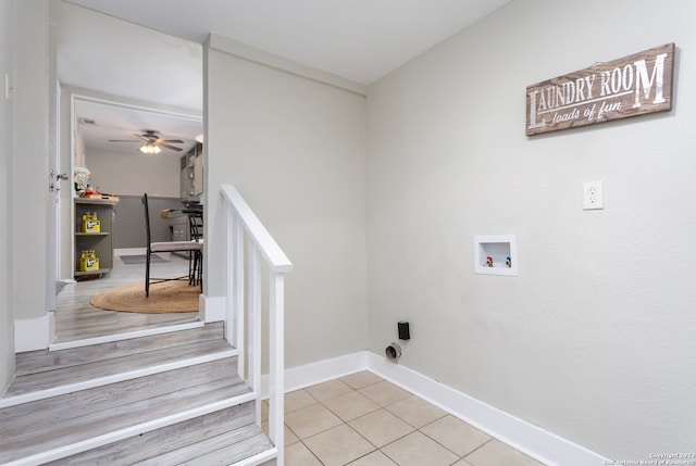 305 Kendalia, San Antonio, TX 78214 - washroom featuring washer hookup, light tile patterned flooring, ceiling fan, and baseboards