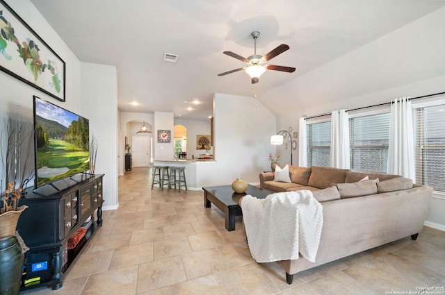 1926 Kalli Jo Ln, New Braunfels, TX 78130 - living area with a ceiling fan, baseboards, vaulted ceiling, and arched walkways