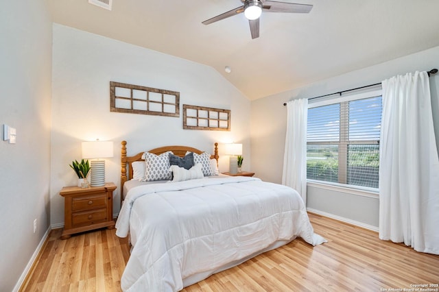 1926 Kalli Jo Ln, New Braunfels, TX 78130 - bedroom with baseboards, vaulted ceiling, light wood finished floors, and ceiling fan