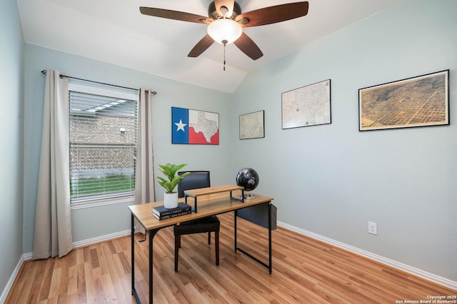 1926 Kalli Jo Ln, New Braunfels, TX 78130 - office featuring light wood-type flooring, baseboards, lofted ceiling, and a ceiling fan
