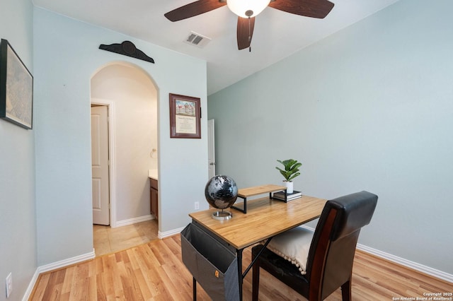 1926 Kalli Jo Ln, New Braunfels, TX 78130 - office featuring arched walkways, light wood finished floors, a ceiling fan, and baseboards