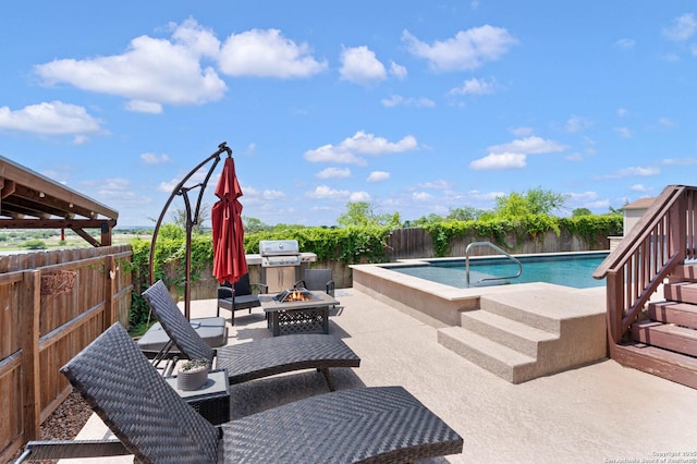1926 Kalli Jo Ln, New Braunfels, TX 78130 - view of pool with an outdoor fire pit, a patio area, a fenced backyard, and area for grilling