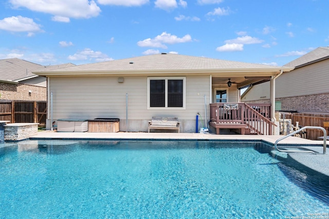 1926 Kalli Jo Ln, New Braunfels, TX 78130 - view of pool featuring a ceiling fan, stairway, a hot tub, and a deck