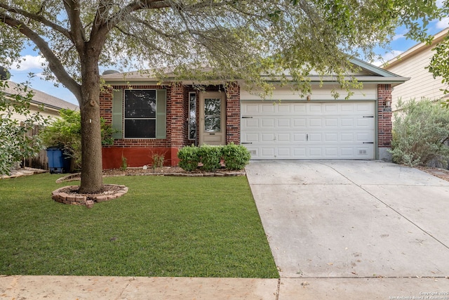 2392 Medina, New Braunfels, TX 78130 - ranch-style house with brick siding, concrete driveway, a garage, and a front yard