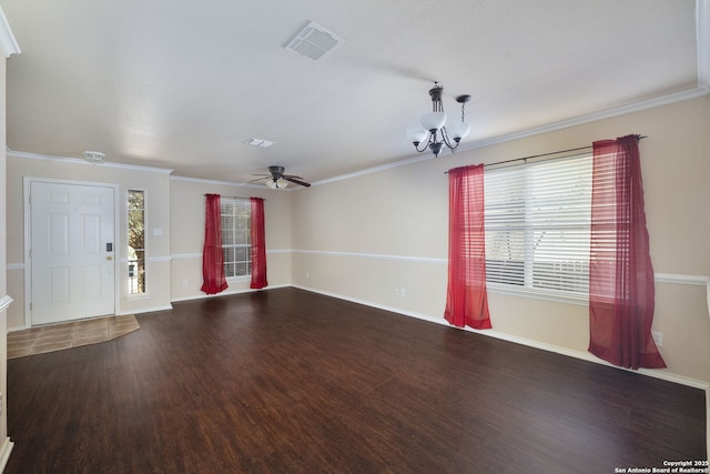 2392 Medina, New Braunfels, TX 78130 - unfurnished living room with a chandelier, wood finished floors, ceiling fan, ornamental molding, and baseboards