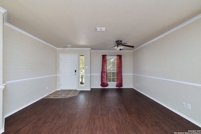 2392 Medina, New Braunfels, TX 78130 - foyer entrance with wood finished floors, baseboards, a ceiling fan, and crown molding
