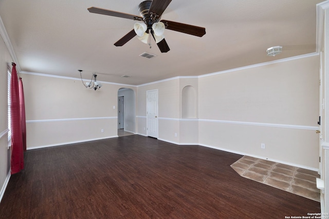 2392 Medina, New Braunfels, TX 78130 - unfurnished room featuring ceiling fan, wood finished floors, arched walkways, a chandelier, and ornamental molding